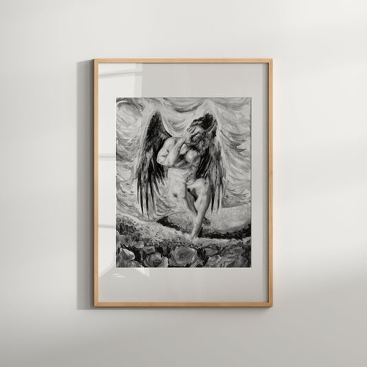 Masculine Male angel in flower gardens Gay Art Black & White Print