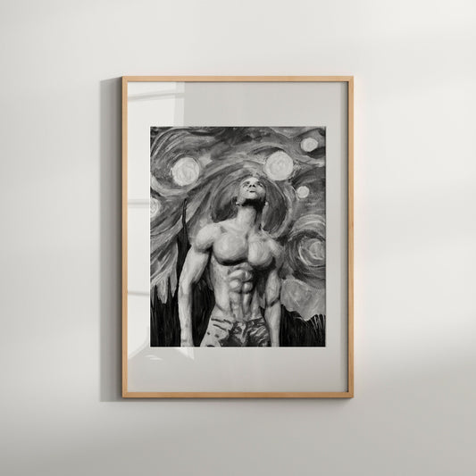 A black and white art print featuring a shirtless male figure with a background of stars and a night sky.