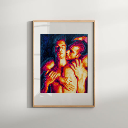 A framed watercolor print featuring a romantic image of a same-sex couple kissing, with vibrant colors on a white background.