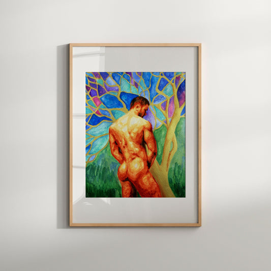 This image features a striking Giclée print titled "Golden tree," showcasing an artistic representation of a nude male from behind. The wall art is vibrant and colorful, highlighting a blend of warm and cool hues that create a serene and inviting atmosphere.