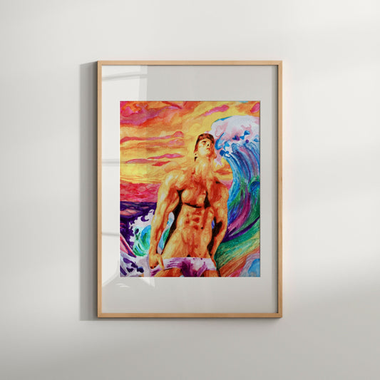 This image features a vibrant and colorful art print titled "Great Wave Gay," which portrays a stylized, erotic depiction of a male figure against a backdrop of a stormy sea and sky. The artwork is rendered in a dynamic, rainbow-like hues, emphasizing a blend of vivid and bold colors.