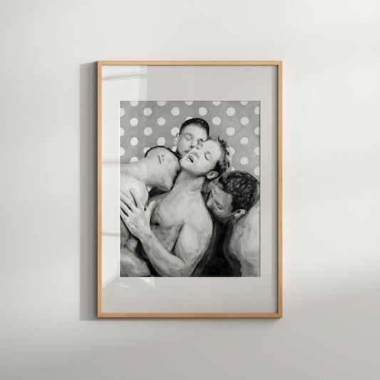 This image features a framed art print titled "Four-way hug (B&W)," showcasing an expressive and intimate black and white portrait of a same-sex couple. The artwork captures a moment of affection and closeness, with the figures embracing each other tenderly.