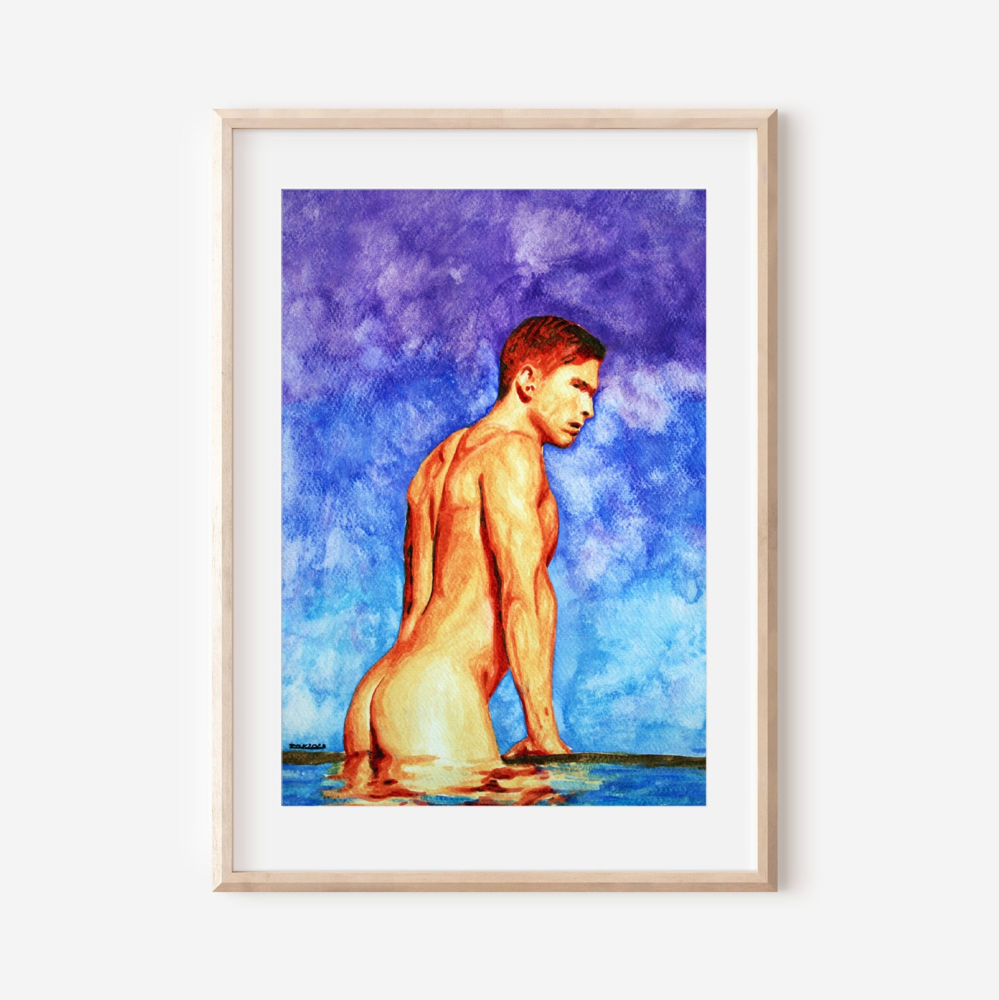 This image features a striking art print titled "At Swimming Pool," which portrays the back view of a nude male figure in a contemplative pose by a swimming pool. The background is a soft blue with a few clouds, enhancing the serene and intimate feel of the scene.