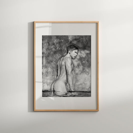 A black and white artwork of a nude male figure standing at a swimming pool, framed in a light wooden frame.