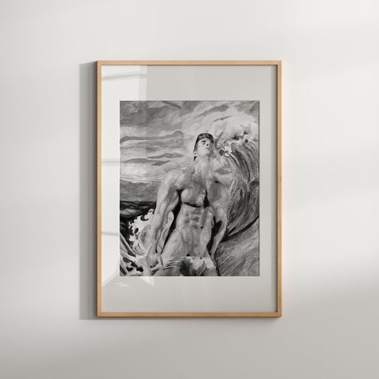 A black and white art print featuring a nude male figure with a muscular build, seated next to a wave or a column in a dramatic pose.