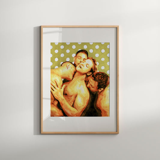 This image features an art print titled "Four-way hug," which portrays a group of nude men in a intimate, erotic pose. The artwork is enhanced by a vibrant and colorful backdrop with polka dots, adding a playful and modern touch to the scene.