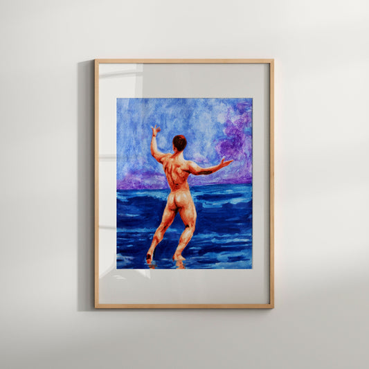 Blue Ocean Gay Nude Male Art Print on Beach
