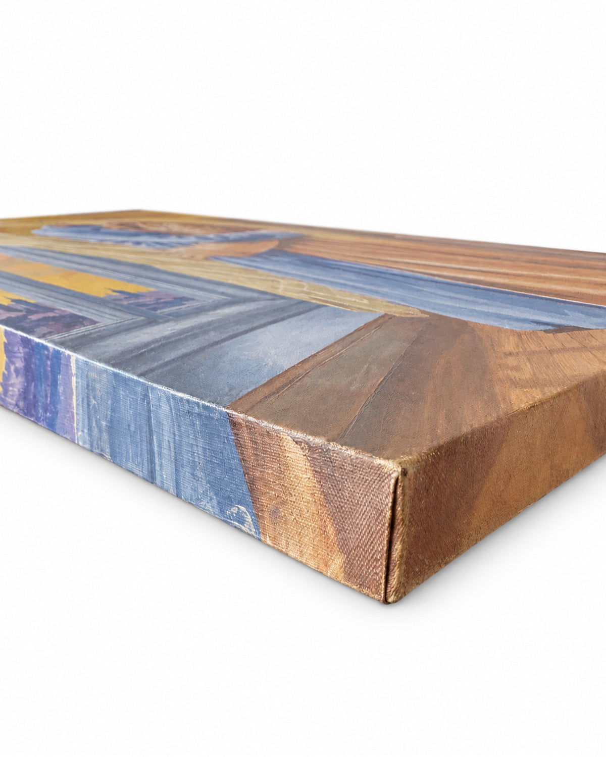 A close-up of a rectangular canvas wall art print showing an abstract painted design with blue, gray, yellow, and brown tones, photographed on a white background.