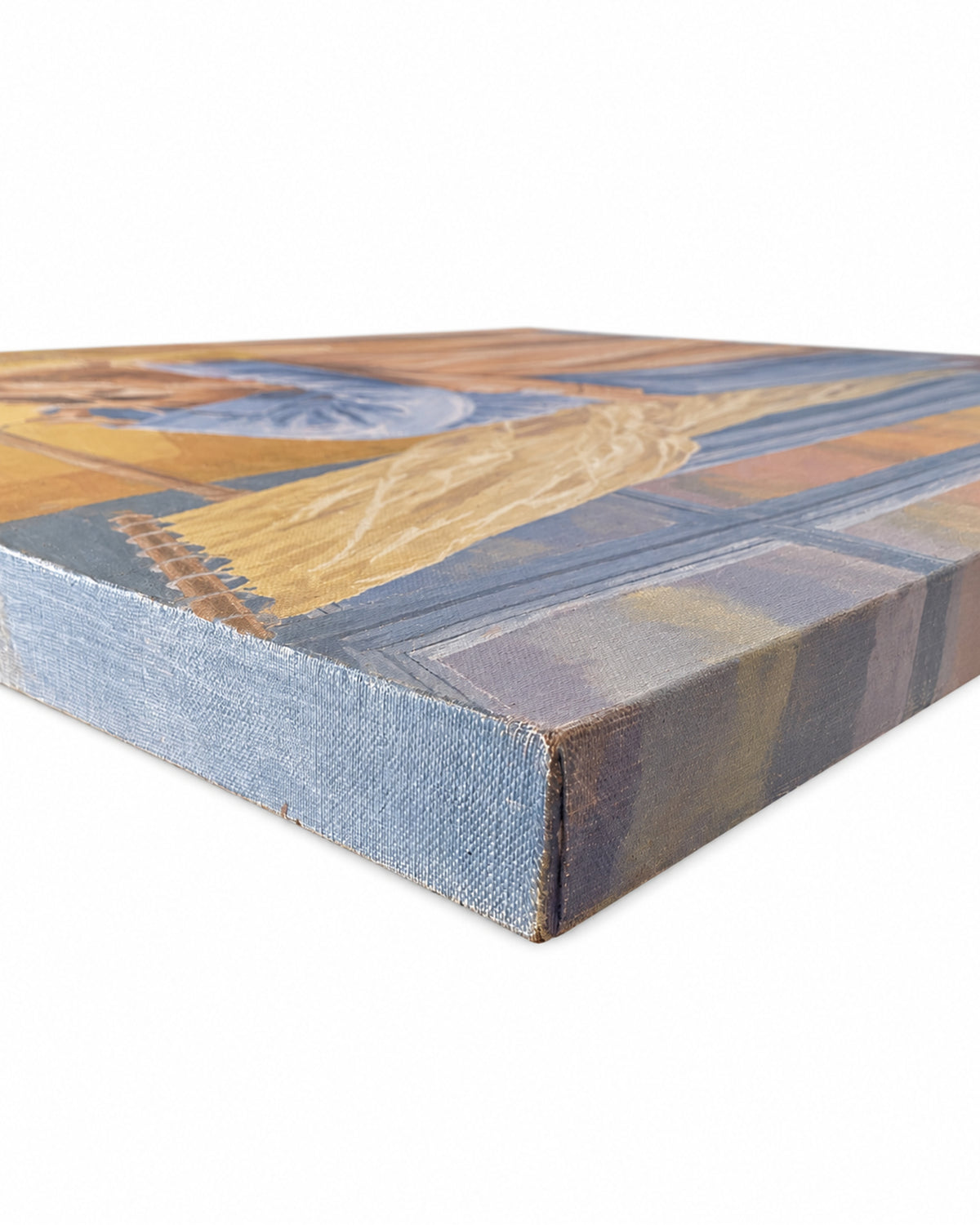 A close-up of a wrapped canvas painting showing its textured gallery-wrapped edge and painted surface with abstract geometric and organic shapes in muted blue, tan, brown, and gray tones, isolated on a white background.