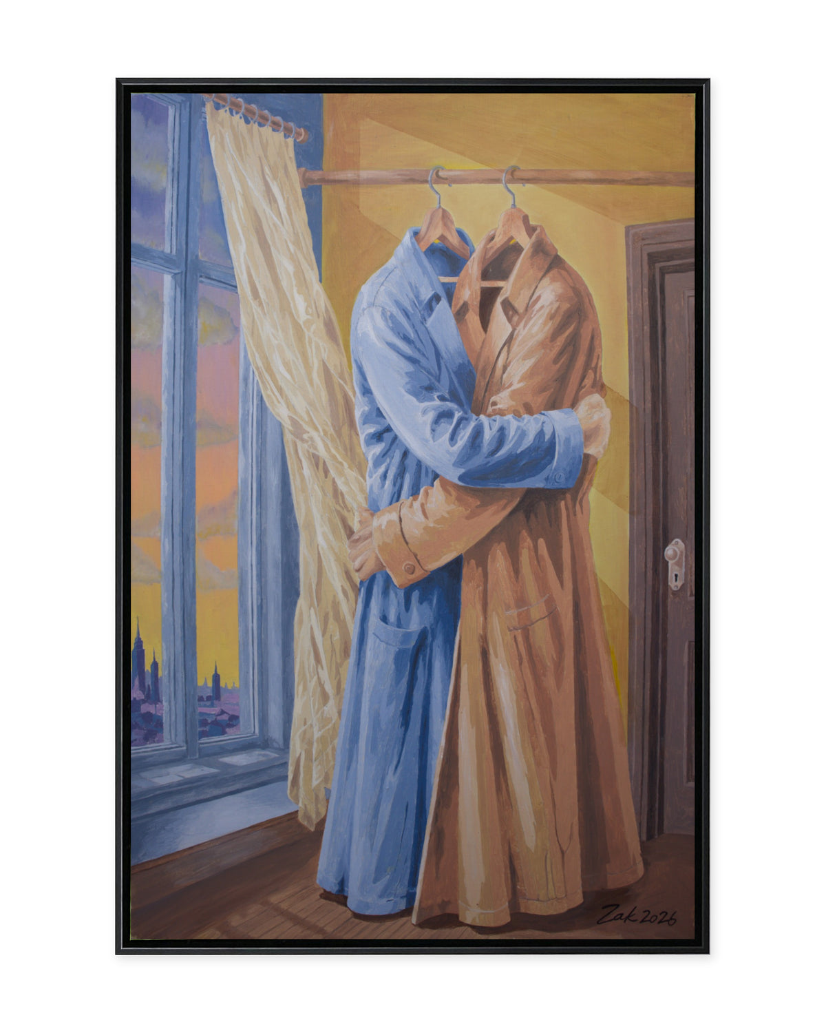 A framed painting depicting two long coats hanging side by side in an interior scene. One coat is light blue and the other is tan/beige, with a window, curtain, door, and warm-toned wall visible.