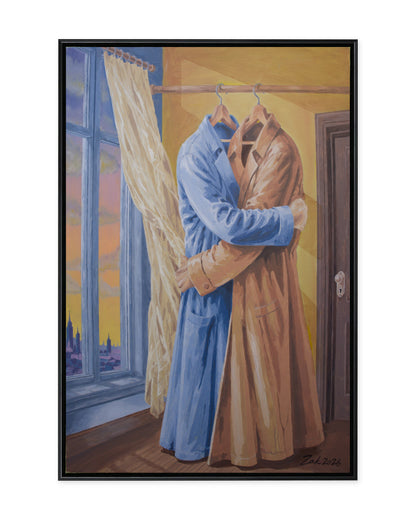 A framed painting depicting two long coats hanging side by side in an interior scene. One coat is light blue and the other is tan/beige, with a window, curtain, door, and warm-toned wall visible.