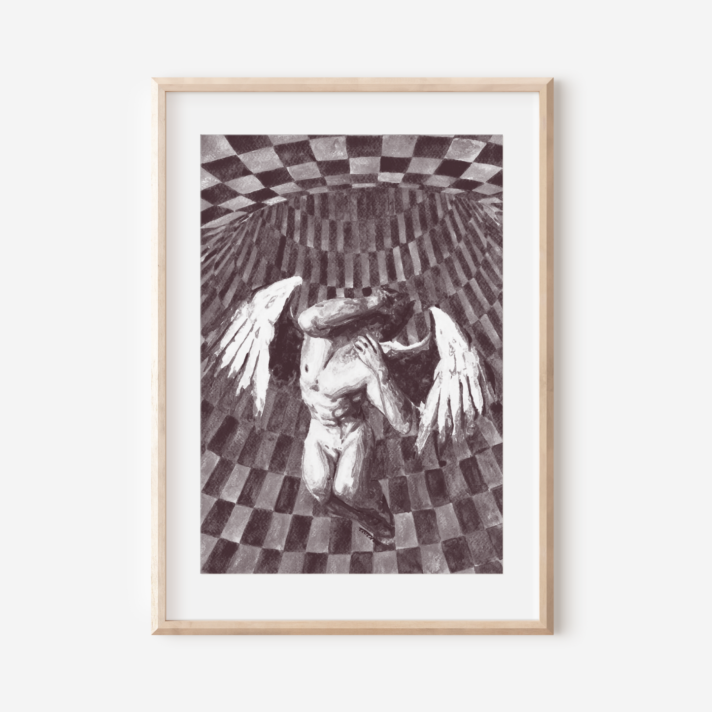 Framed artwork of a person with wings on a checkered floor.