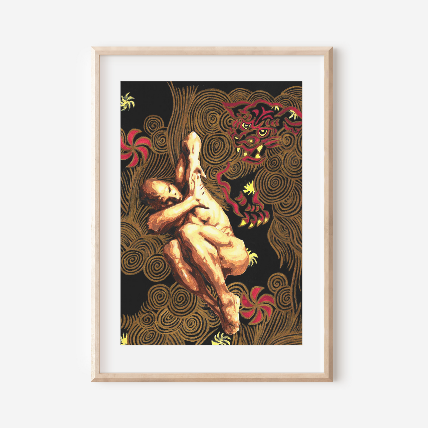 Framed artwork of a nude figure with abstract patterns on a white wall