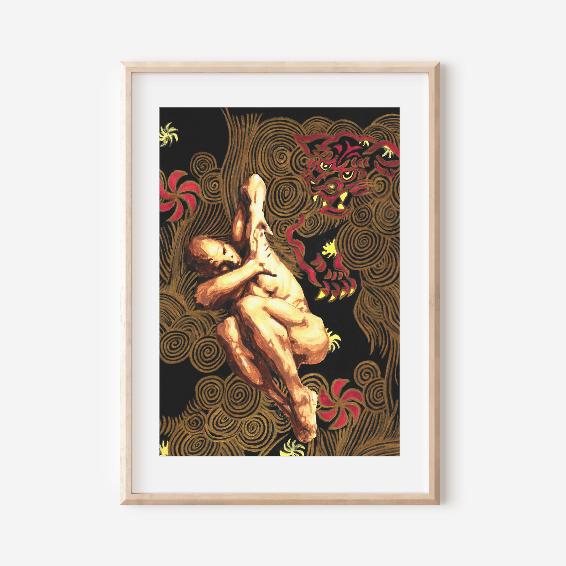 Framed artwork of a nude figure with abstract patterns on a white wall