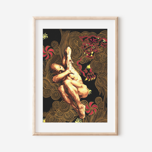 Framed artwork of a nude figure with abstract patterns on a white wall