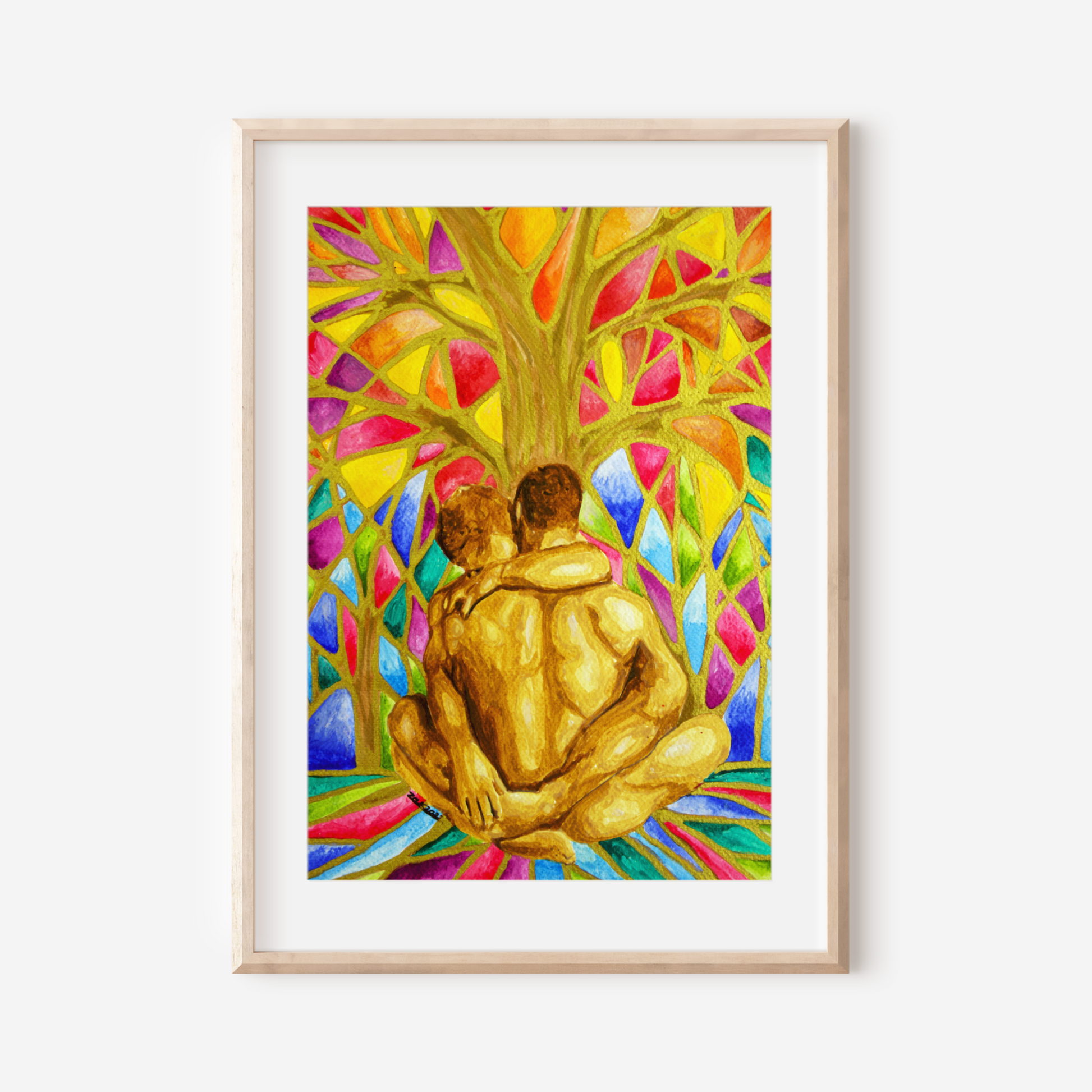 Framed artwork of two people embracing under a colorful tree on a white wall.