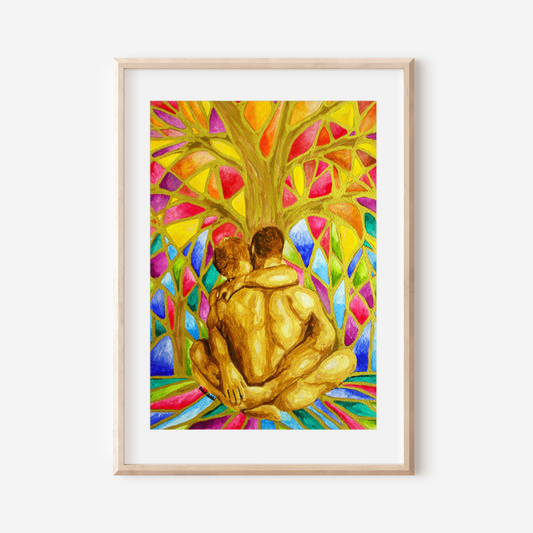 Framed artwork of two people embracing under a colorful tree on a white wall.