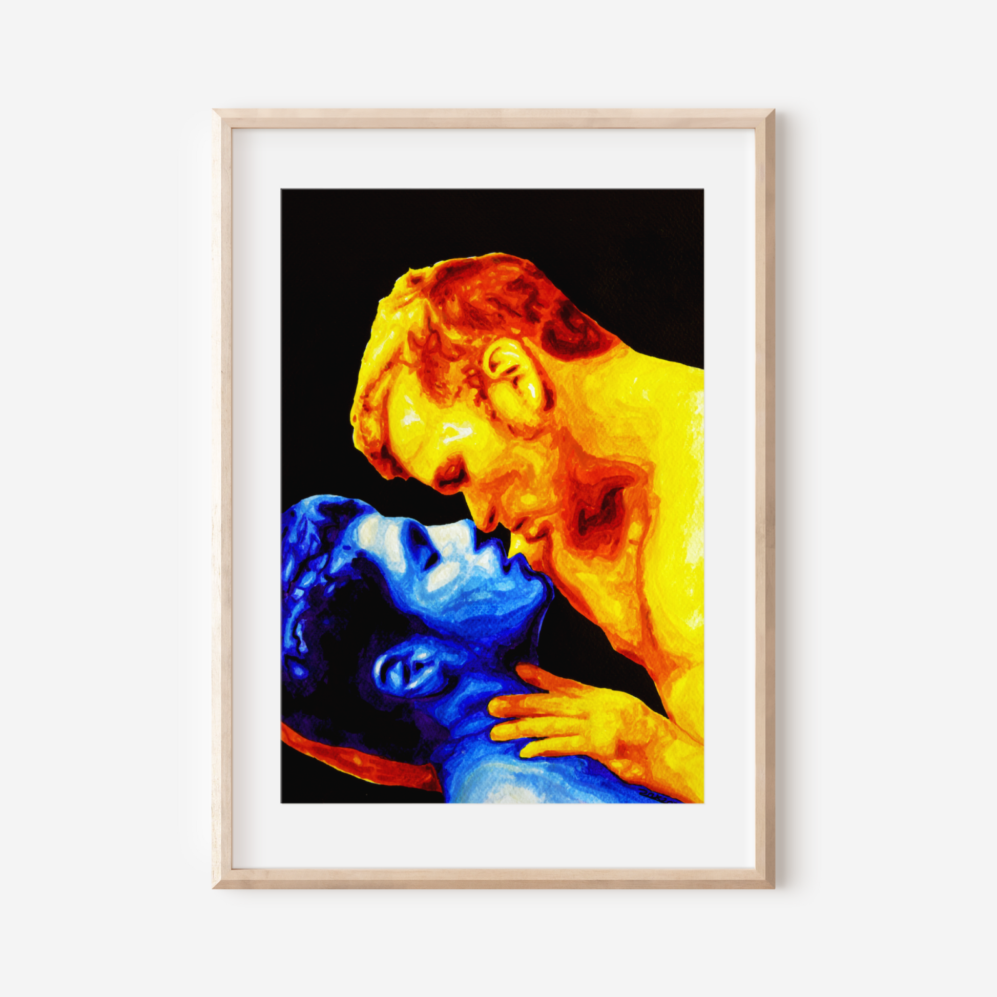 Framed artwork of a colorful depiction of a gay cople embracing on a white wall.