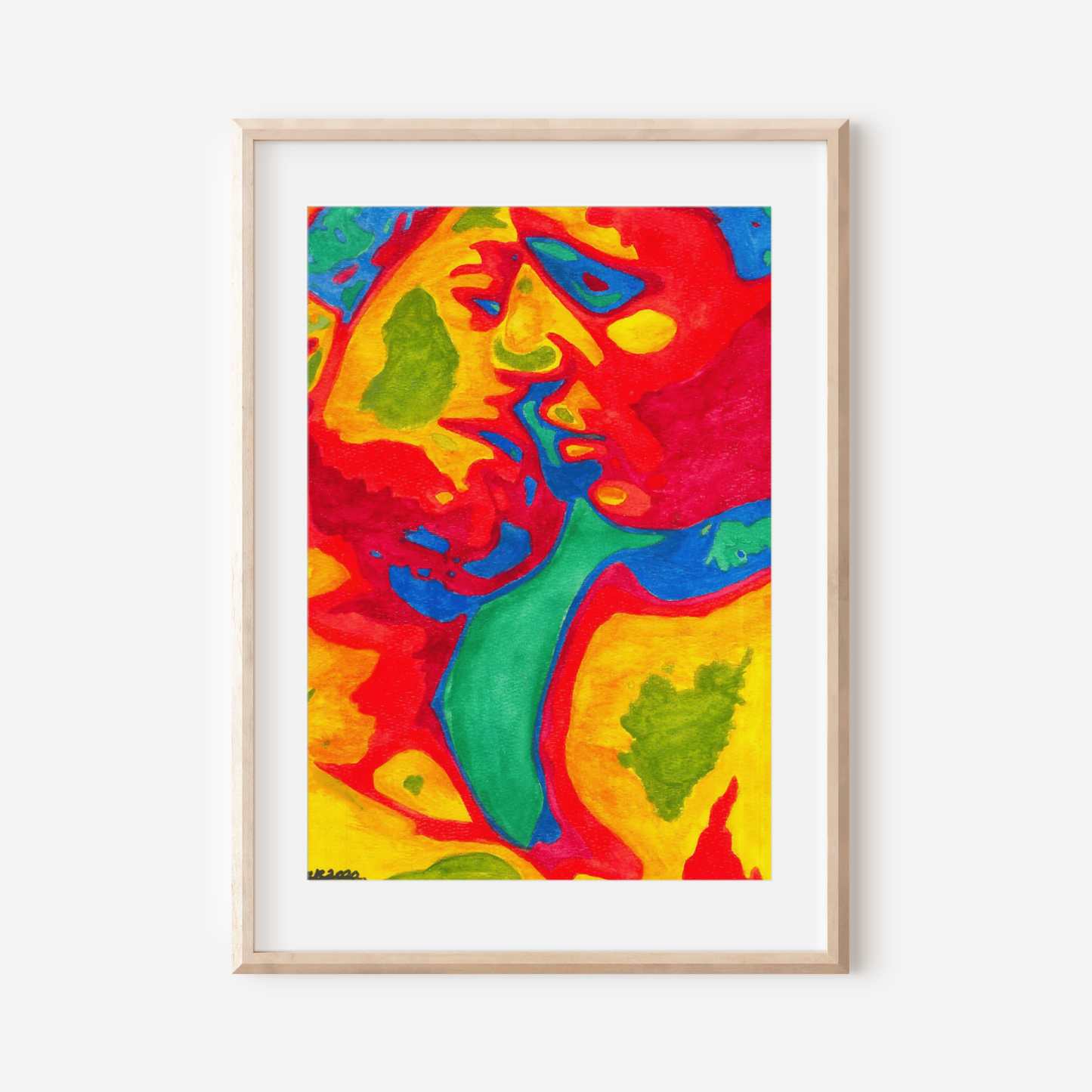 Framed colorful gay couple kissing art print on a white wall