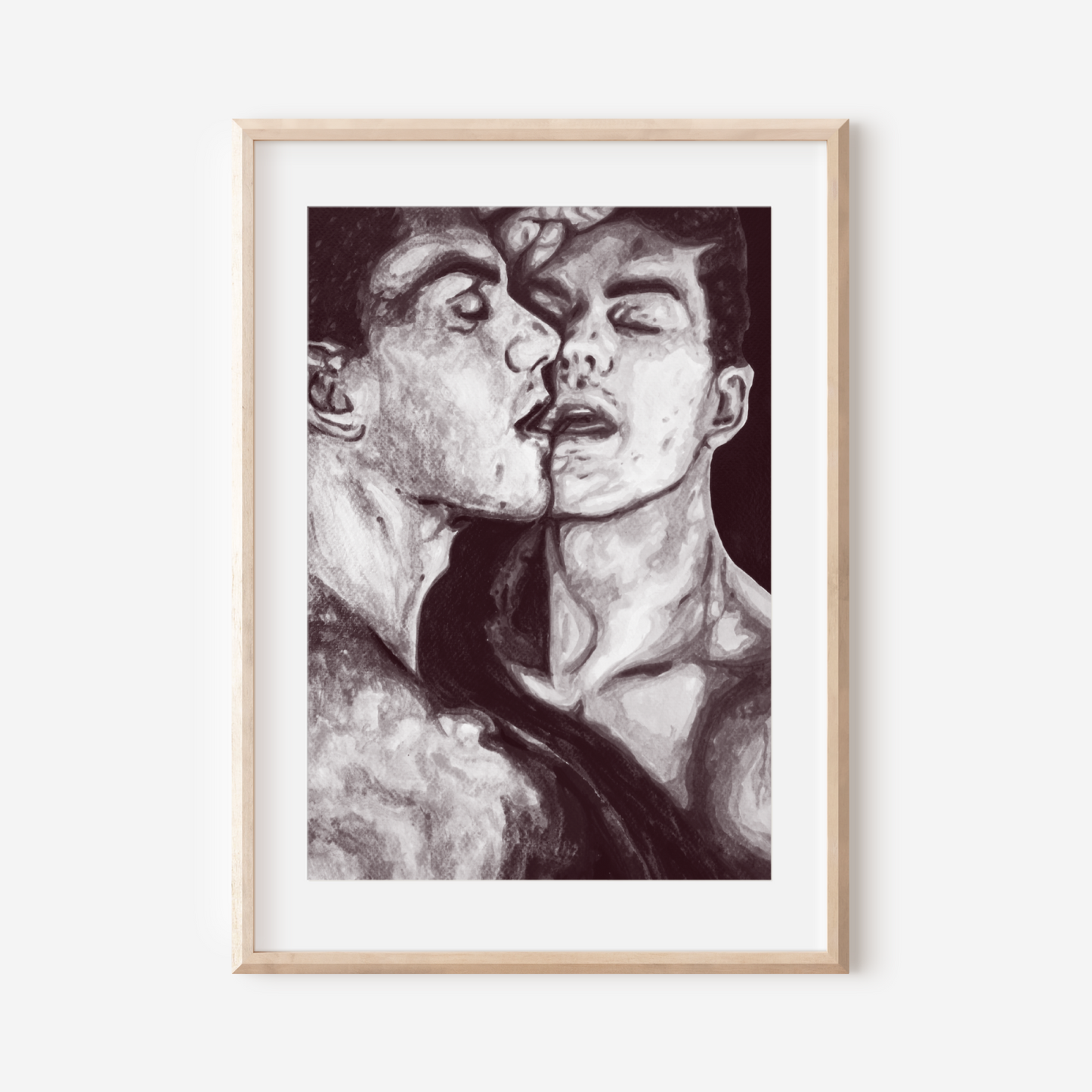 Framed artwork of two shirtless men facing each other on a white background