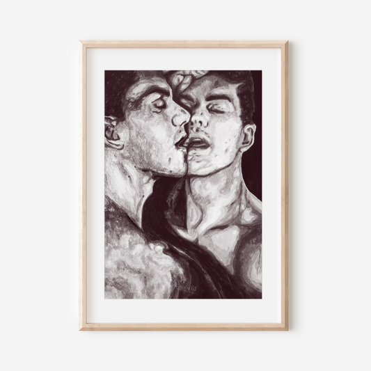 Framed artwork of two shirtless men facing each other on a white background