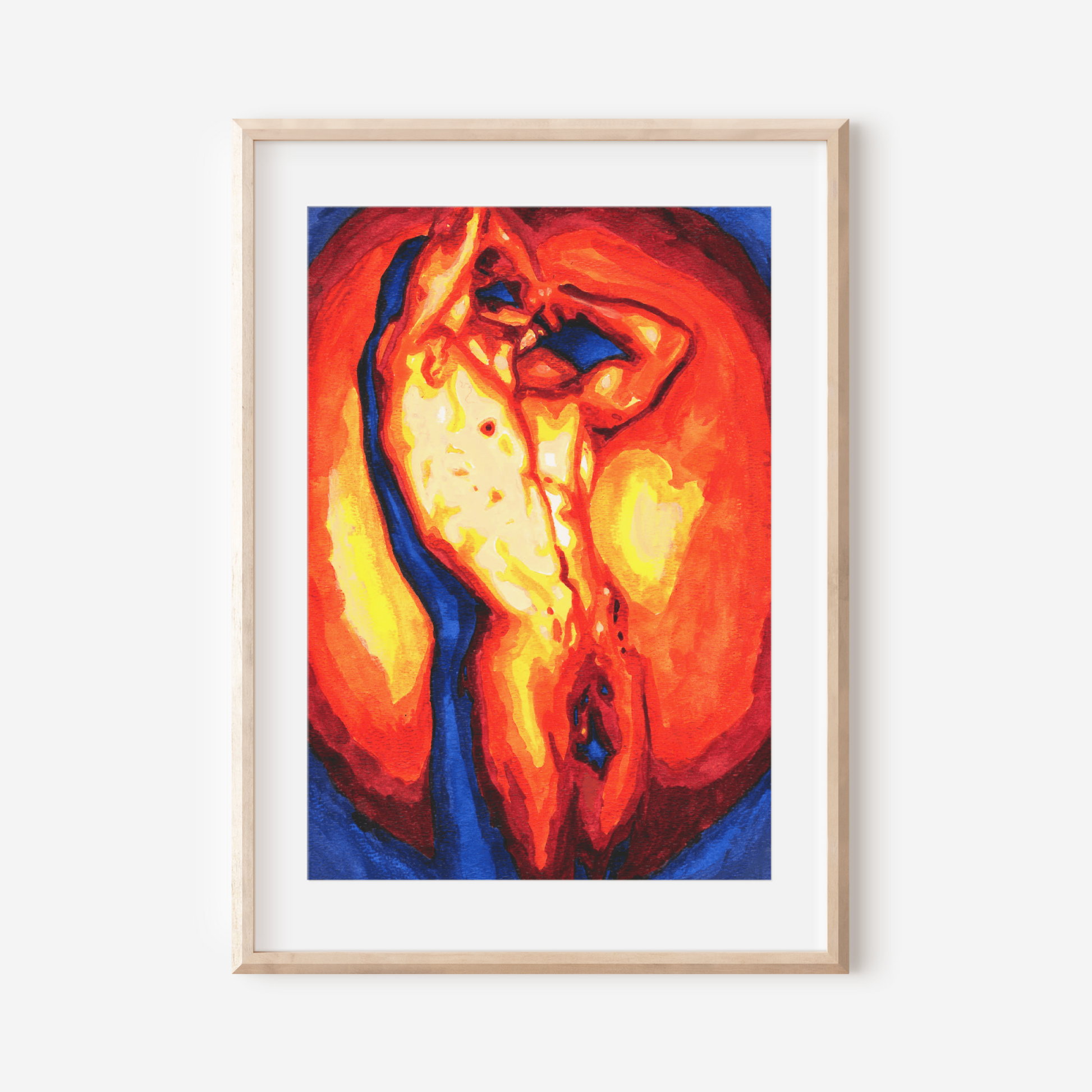 Framed abstract artwork with warm colors on a white wall