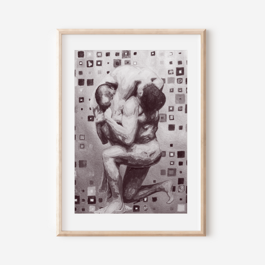 Framed artwork of a stylized black and white depiction of two figures embracing on a textured background.