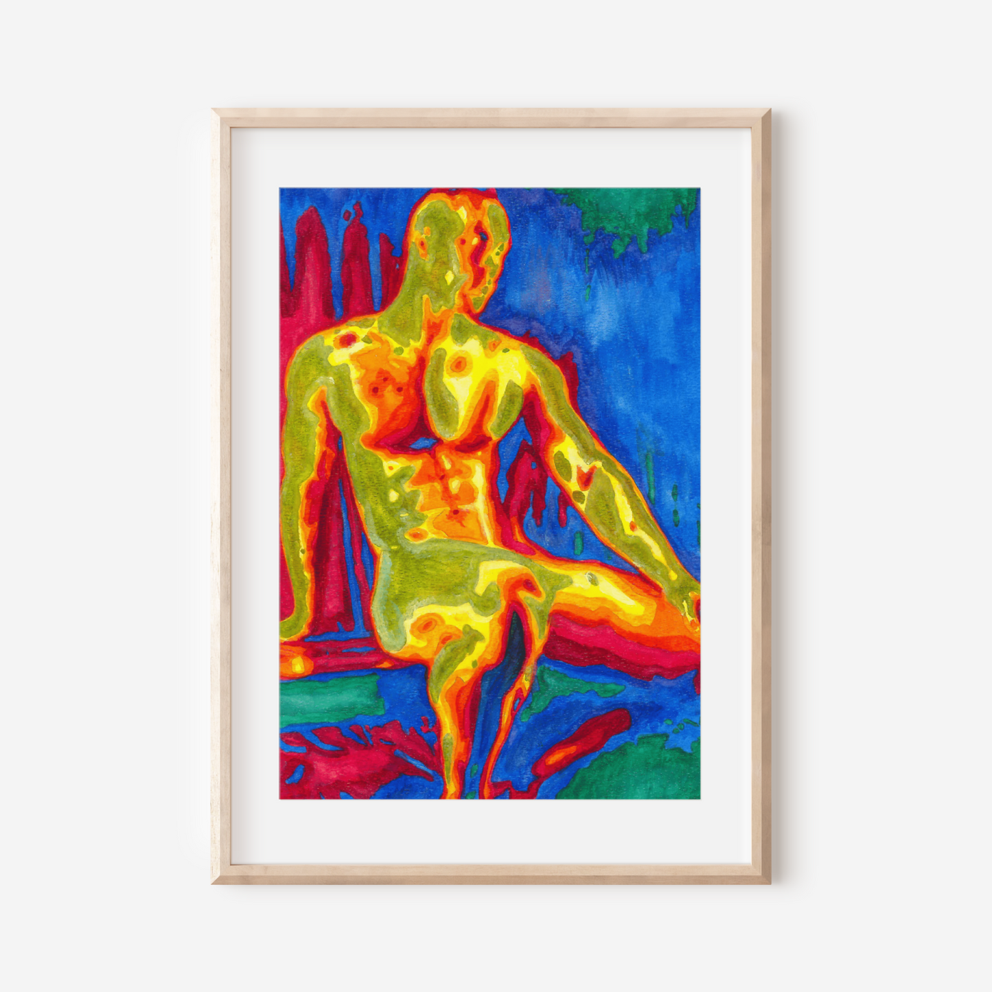 Framed thermogram art of a human figure on a white wall