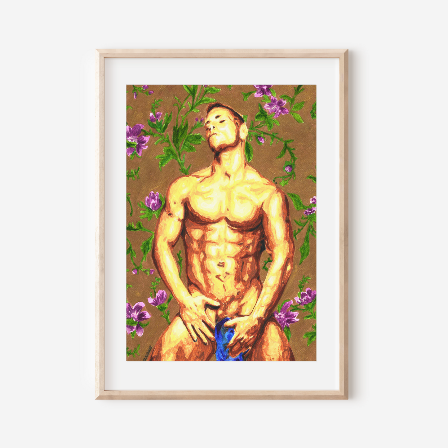 Framed artwork of a shirtless man with floral background