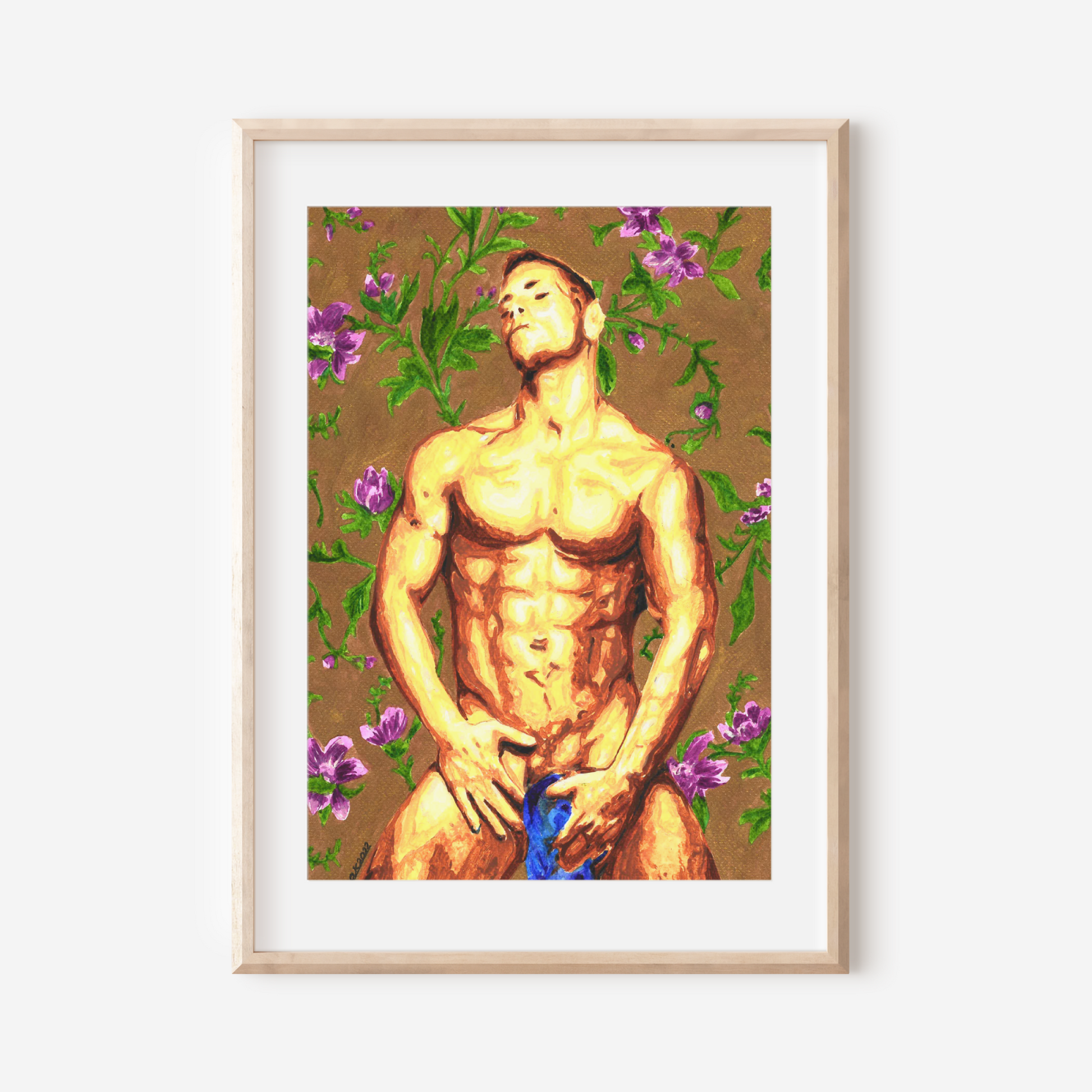 Framed artwork of a shirtless man with floral background