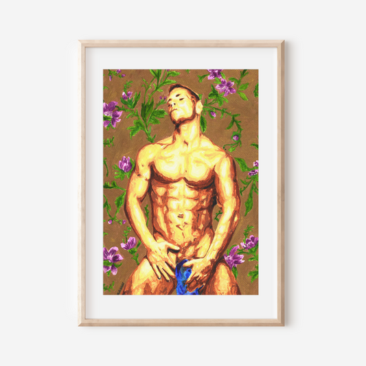 Framed artwork of a shirtless man with floral background