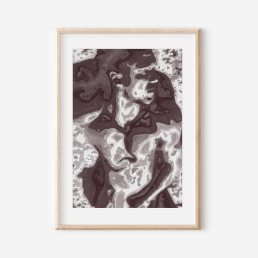 Framed abstract art print with brown and gray patterns on a white background