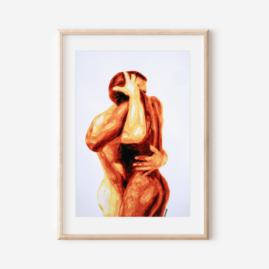Framed artwork of a stylized nude figure on a white wall