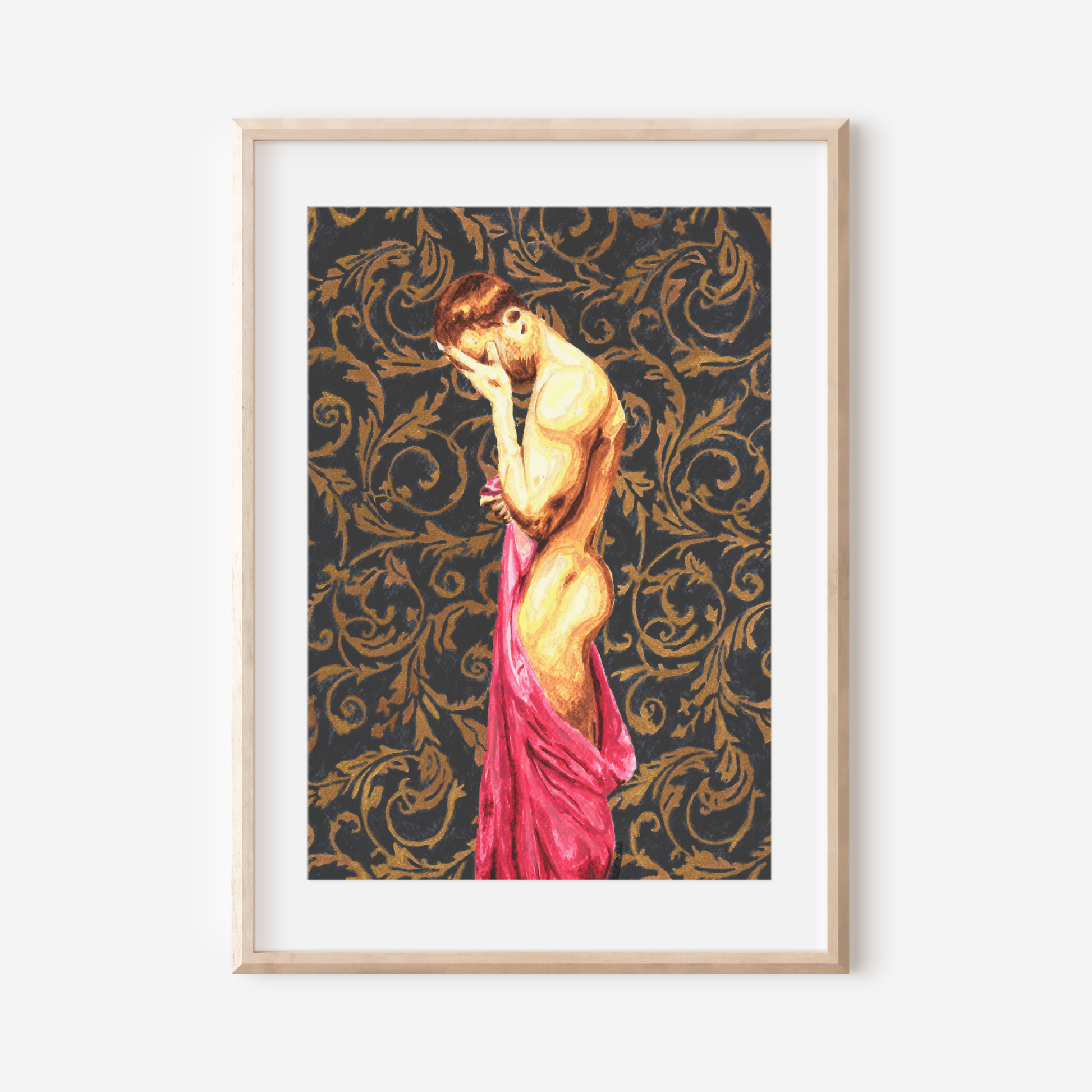 Framed artwork of a woman in a pink dress against a decorative patterned background