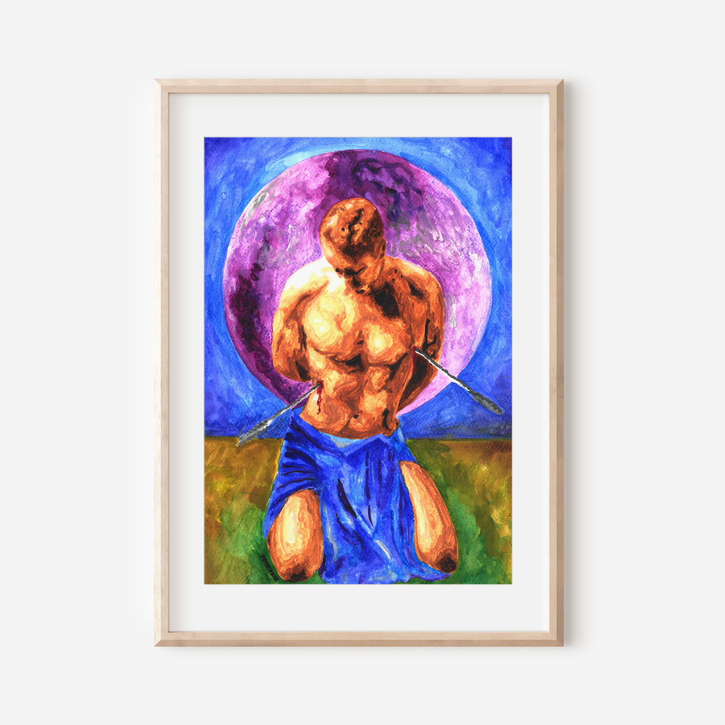 Framed artwork of a shirtless man in a blue robe with a purple moon in the background on a white wall.