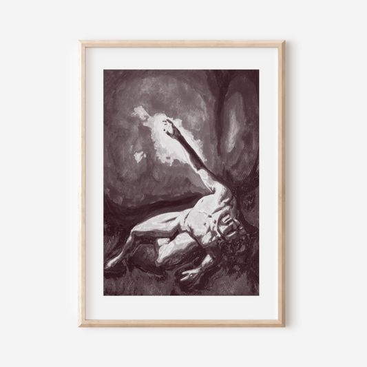 Framed artwork of a classical sculpture on a white wall