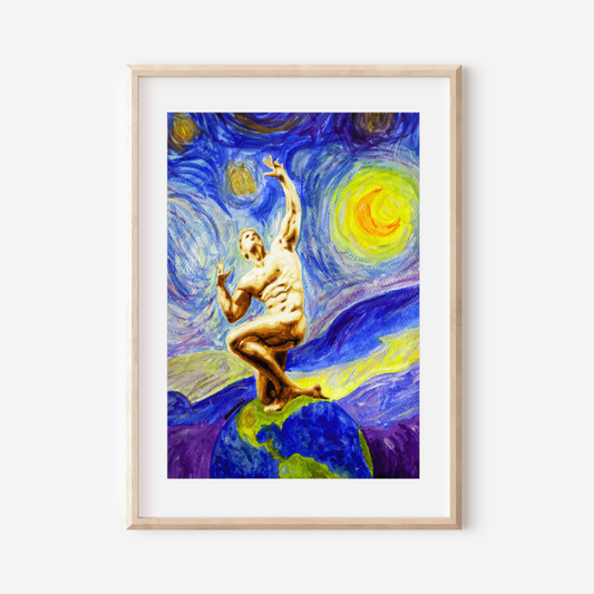 Framed artwork of a classical statue against a colorful abstract background