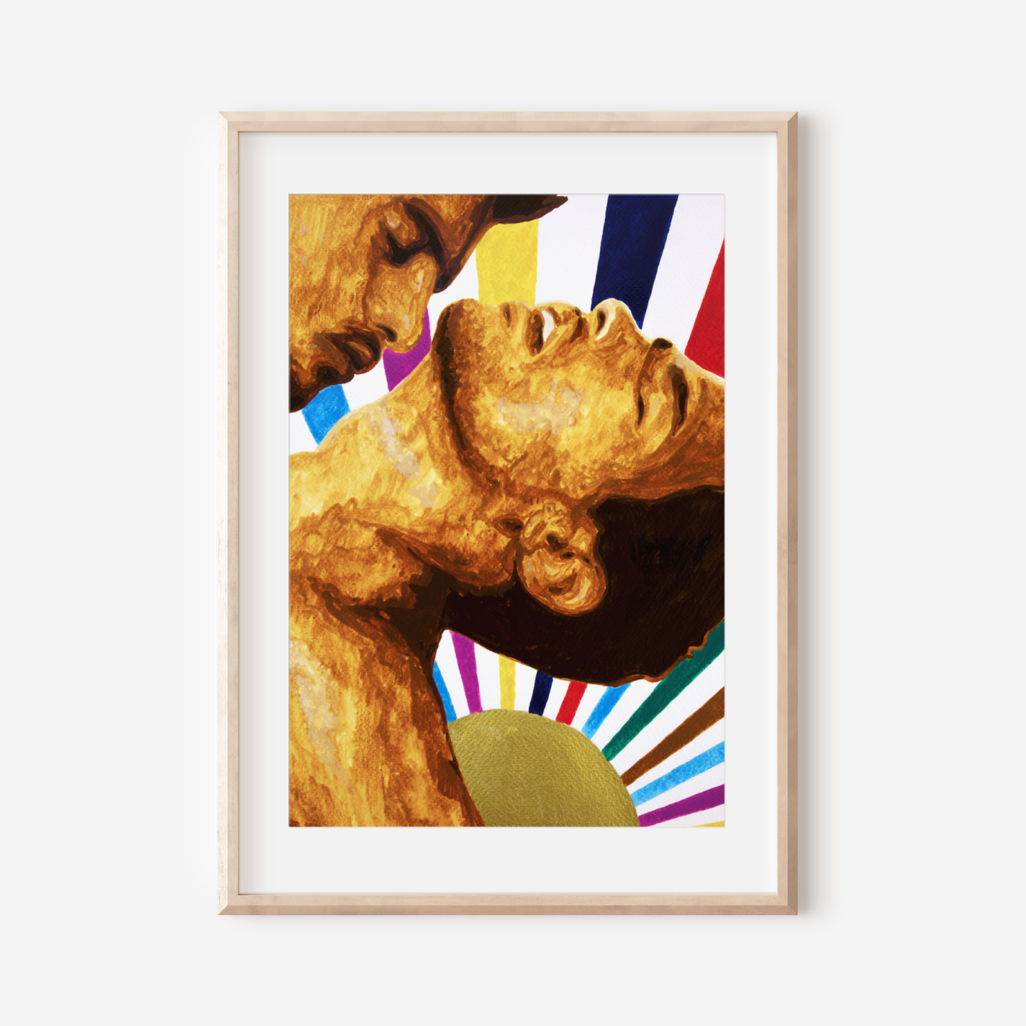 Framed artwork of a classical sculpture with colorful abstract elements on a white wall.
