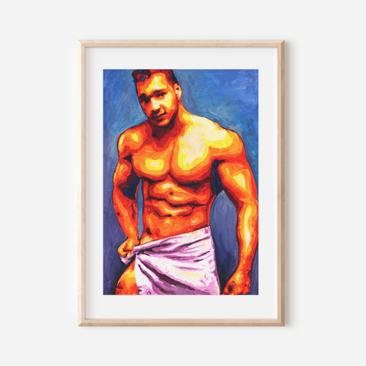 Framed artwork of a muscular man with a colorful background on a white wall