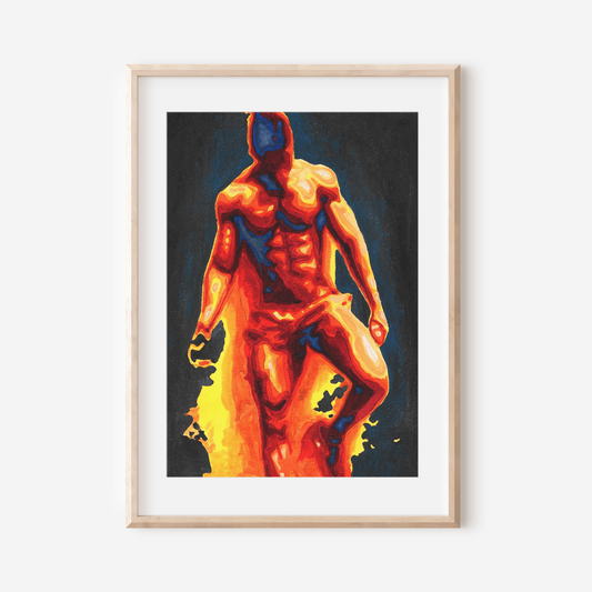 Framed artwork of a muscular figure with fiery colors on a white wall
