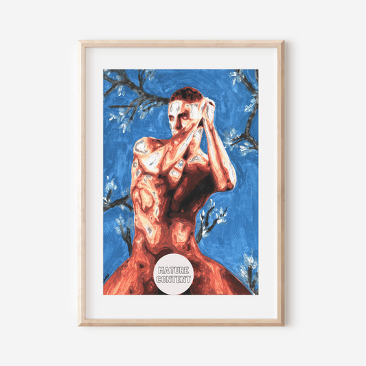 Framed artwork of a stylized human figure with a blue background