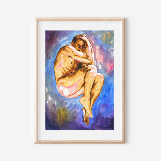 Framed artwork of a nude figure against a colorful abstract background on a white wall.