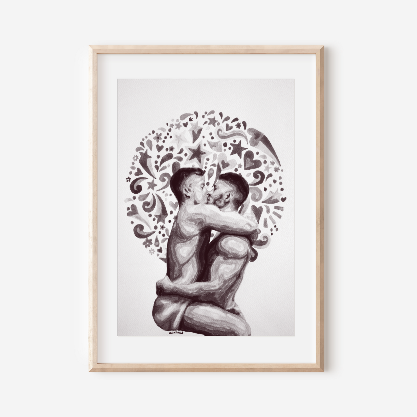 Framed artwork of two people embracing with decorative elements on a white background