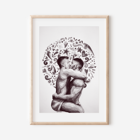 Framed artwork of two people embracing with decorative elements on a white background