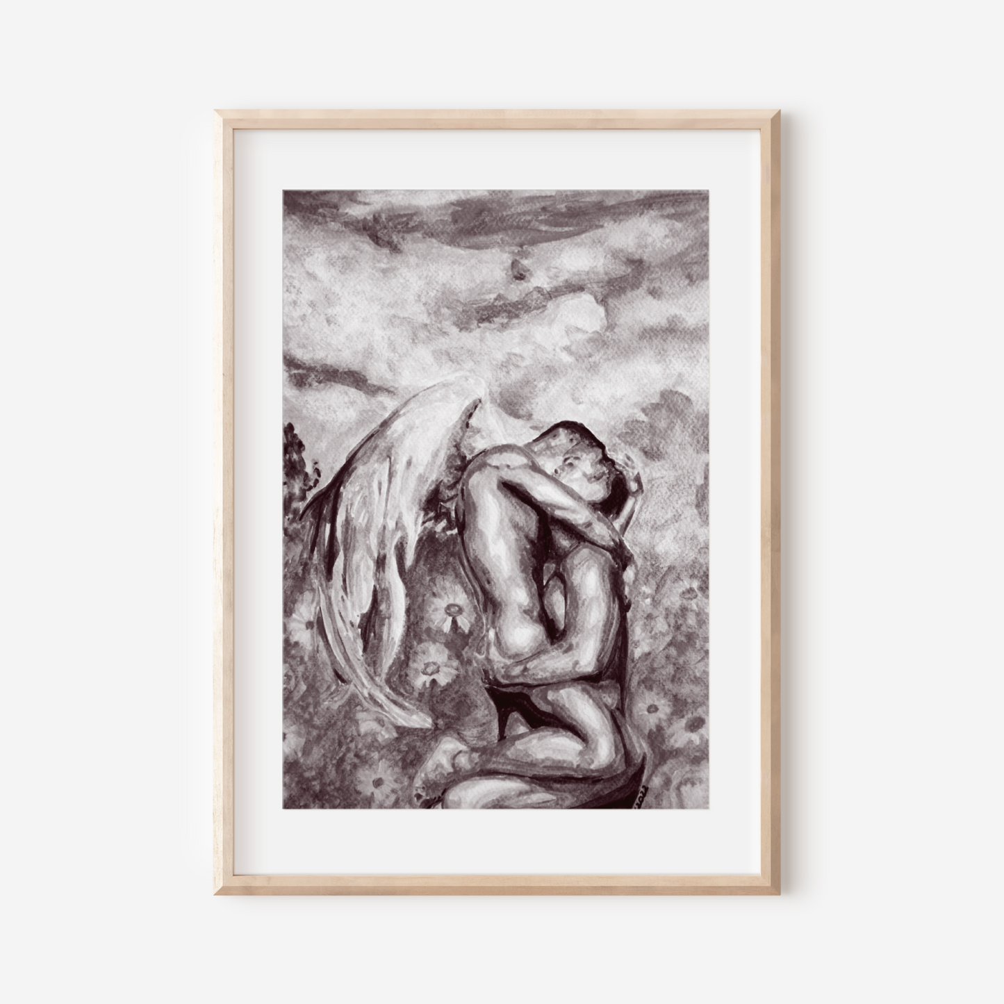 Framed artwork of a nude figure against a textured background on a white wall