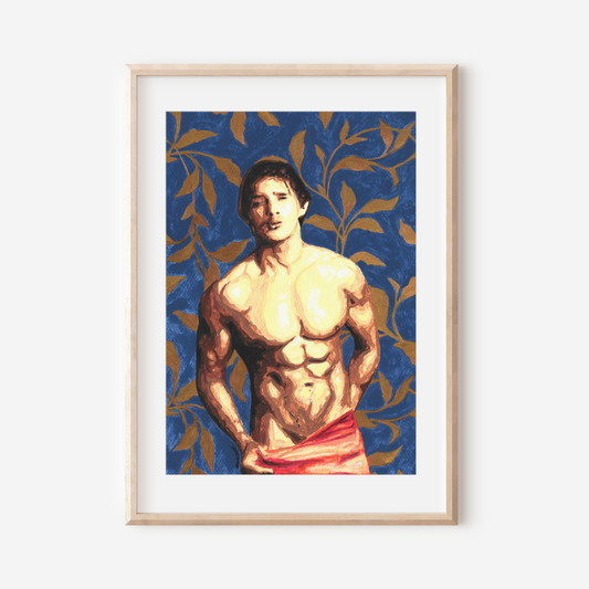 Framed artwork of a shirtless man with a decorative pattern on a white wall