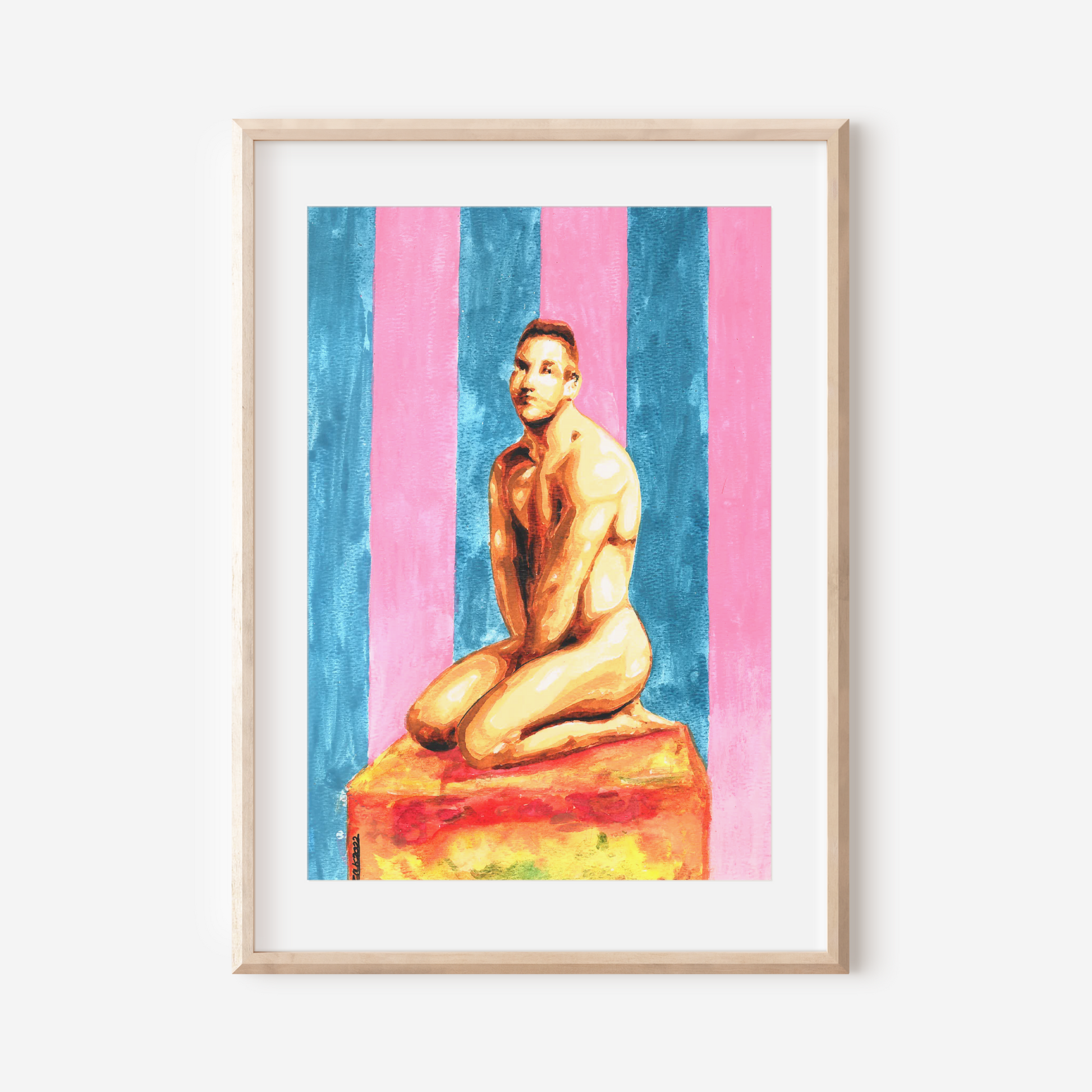 Framed artwork of a nude figure on a striped background
