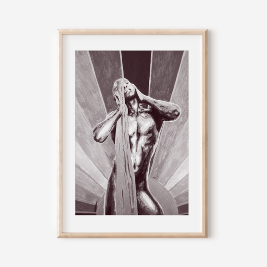 Framed artwork of a stylized nude figure with abstract design elements on a white wall.