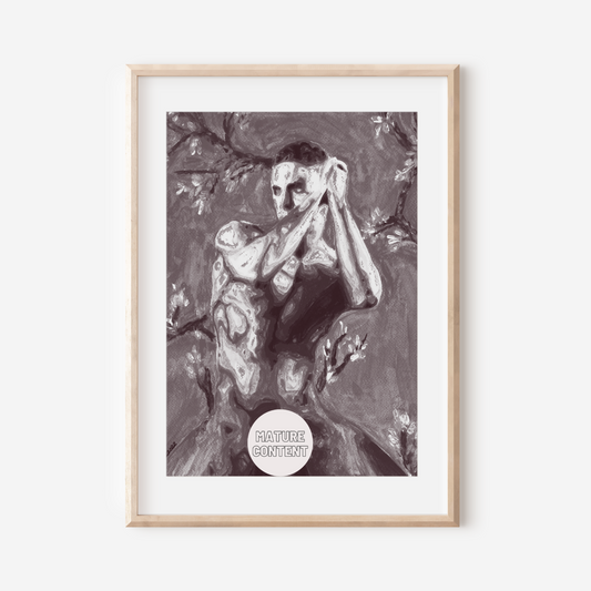 Framed artwork of a stylized illustration on a white wall