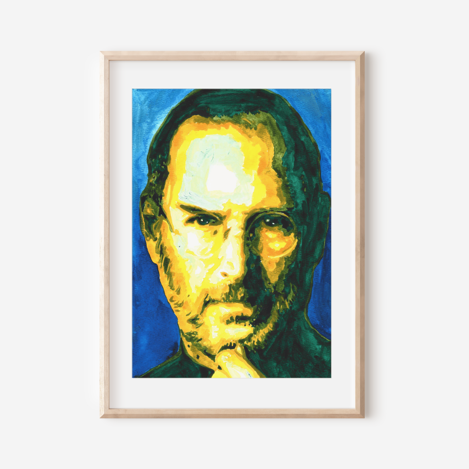 Framed portrait of a person with a colorful background on a white wall